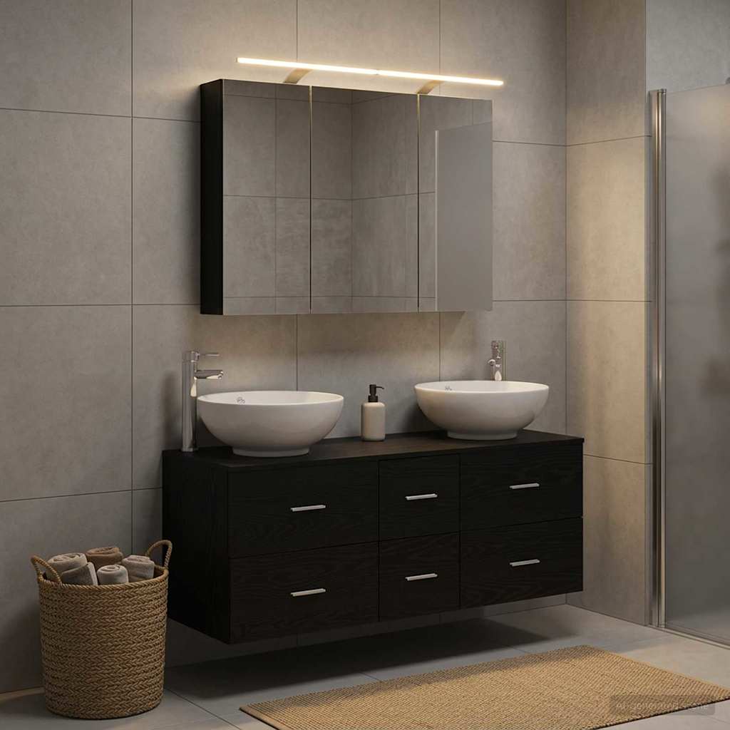 Bathroom Furniture Set 4 Pcs Black Oak Engineered Wood and Glass
