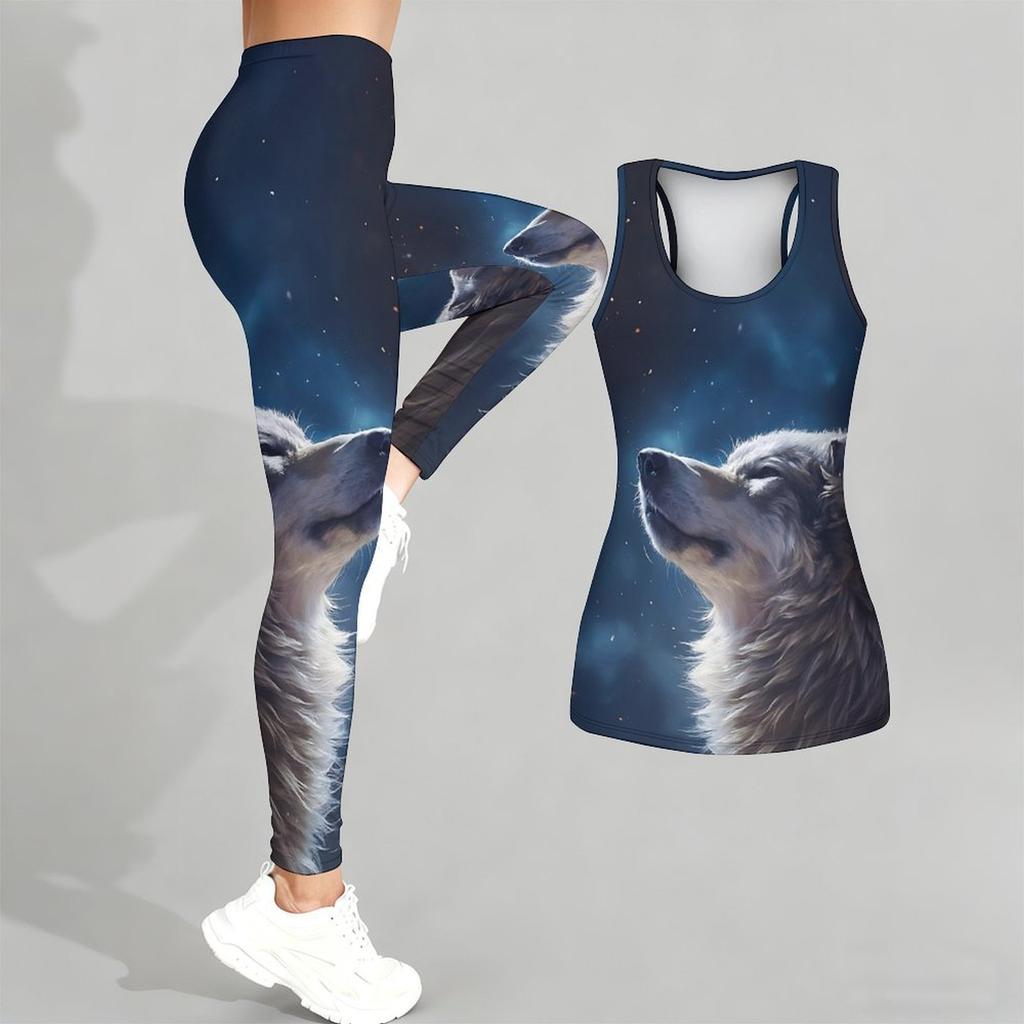 Loyales Tiermuster Druck Yoga Outfit für Damen Mode Workout Leggings Fitness Sport Lässiges Yoga Set Sportanzug