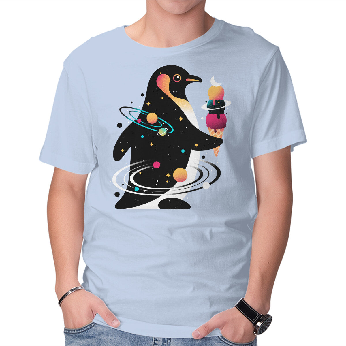 Unisex Crew Neck T-Shirt Space Penguin Graphic Short Sleeve Casual Tee S