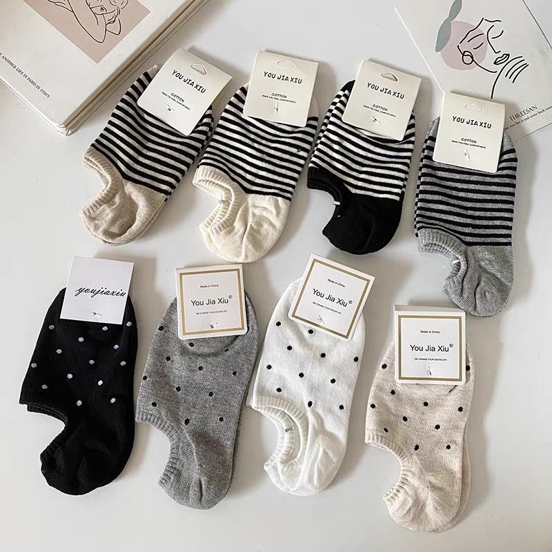 Striped Boat Socks Women'S Summer Thin Trendy Cotton Socks Polka Dot Non-Slip Invisible Short Socks Summer Versatile