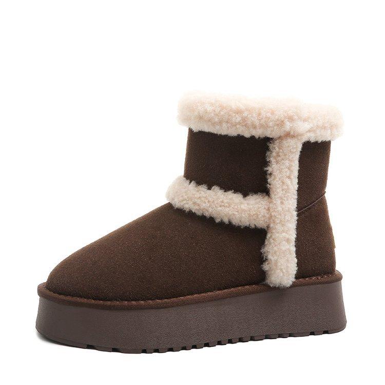 Cowhide Version! Thick-soled Snow Boots Women's 2025 New Fluffy Short Boots Piled and Thickened Versatile Thermal Short Tube Snow Cotton