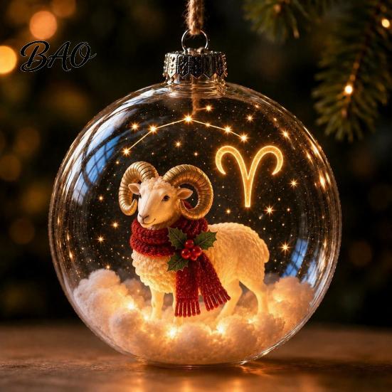 Acrylic Xmas Balls for Party Lighted Zodiac Christmas Ornament, Glowing Sign Ball with Warm LED, Durable Garden 3D Clear Hanging Pendant Tree Mantel,