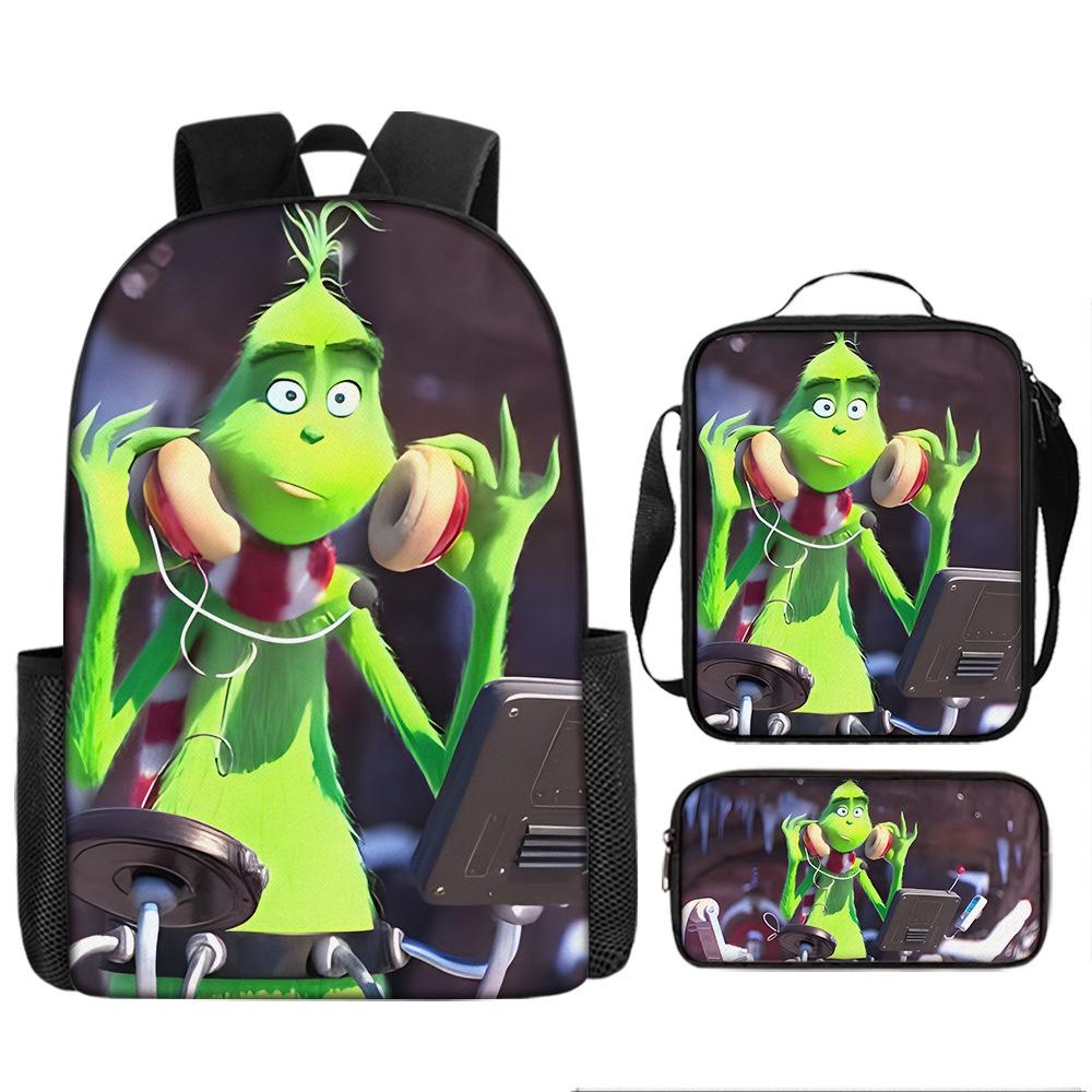 Green Hair Monster Grinch School Bag Campus 12345th and 6th Grade Backpack Lightweight Weight Loss Computer Bag Three-piece Set