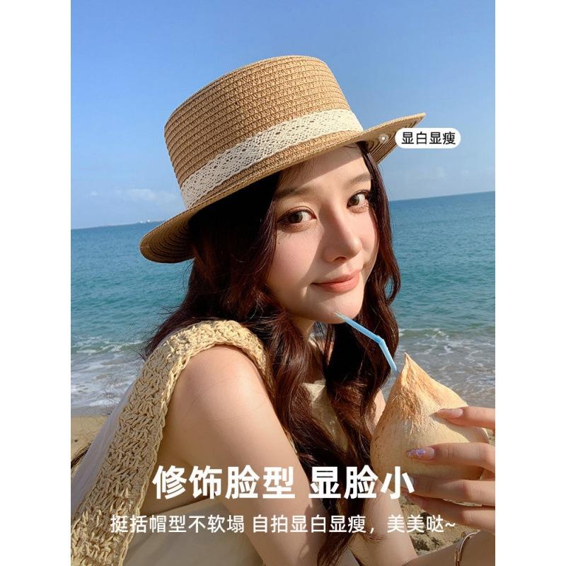 Flat Top Hat Female Internet Celebrity Crochet Top Hat Summer Big Brim Visor Hat Seaside Vacation Woven Bucket Hat