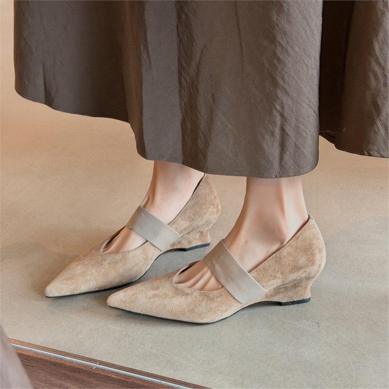Spring New French Style Mary Janes Women Elegant Pointed Toe Wedge Heels Sexy Single Strap High Heels Comfortable Office Shoes 34 абрикосовый