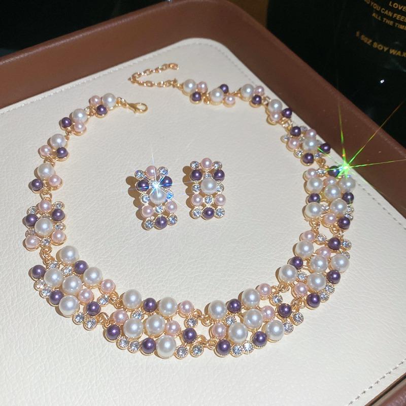 Sparkle diamond beaded pearl stud earrings necklace set retro high-end exquisite jewelry