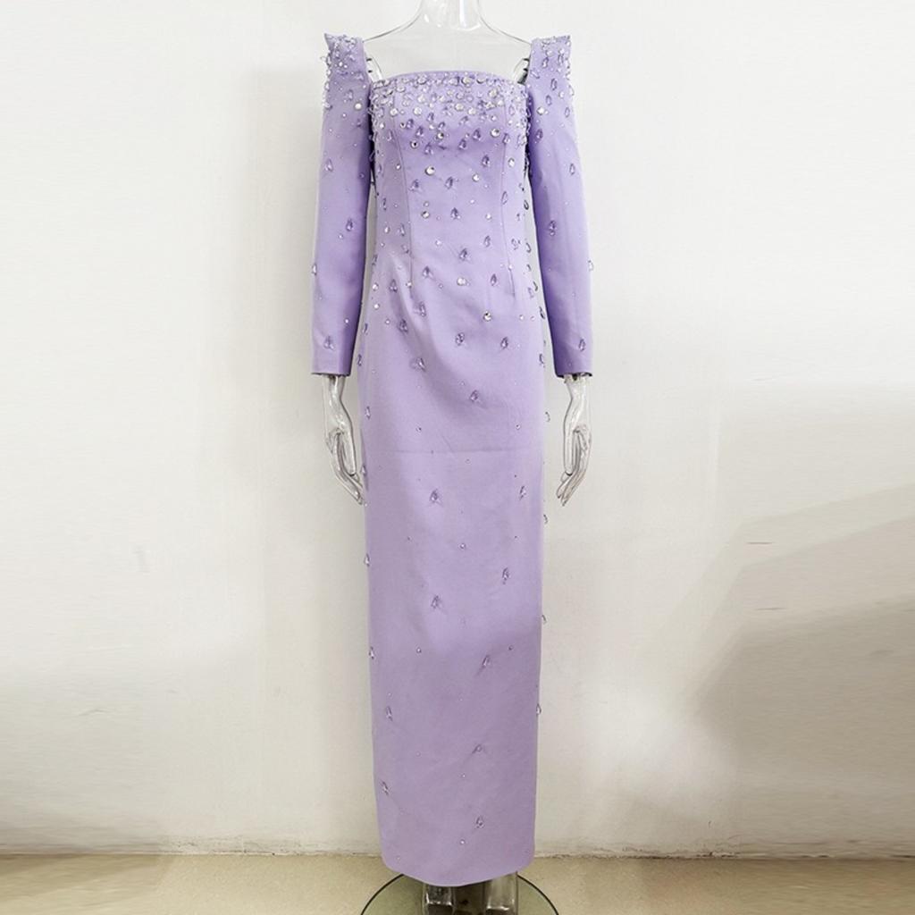 Newest Fashion Designer Vestido Women's Square Collar Beading Diamonds Long Sleeve Maxi Dress