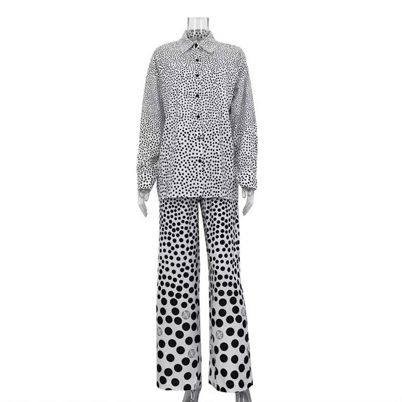 

Western Style Polka Dot Print Loose Shirts Wide Leg Pants Set Printed Shirt and Pants Set White S