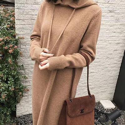 Lässiges mittel- und langärmeliges Strickkleid Damen High-End Herbst und Winter Locker Einfarbig Kapuzenpullover Strickpullover