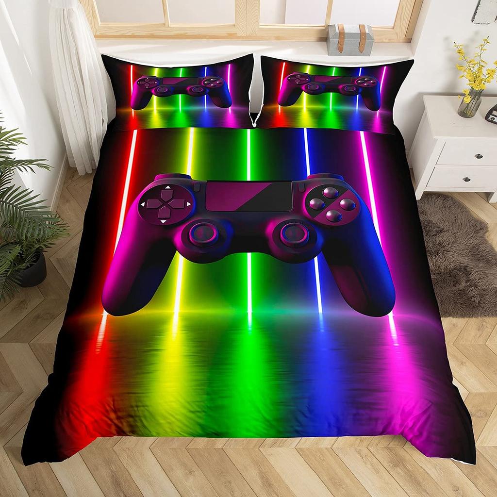Gamepad Duvet Cover Set Queen Video Game Twin Bedding Set Microfiber Green Cartoon Gamer Pattern Electronic Theme Quilt Cover