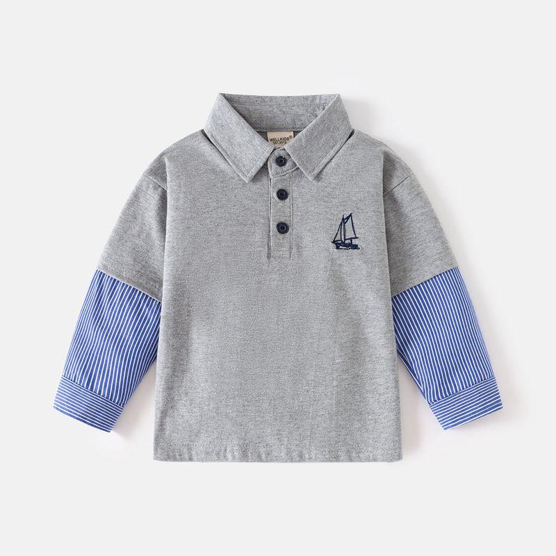 Boys' Sailing Label Polo Shirt Long Sleeves T-shirt Spring and Autumn Kids Lapel Underwear Blouse Baby Fake Two-Piece Tops