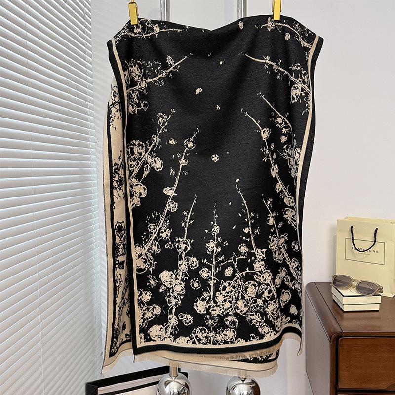 Korean Version Plant Literature Rose Print High Sense Women's Imitation Cashmere Warm Scarf Shawl Scarf