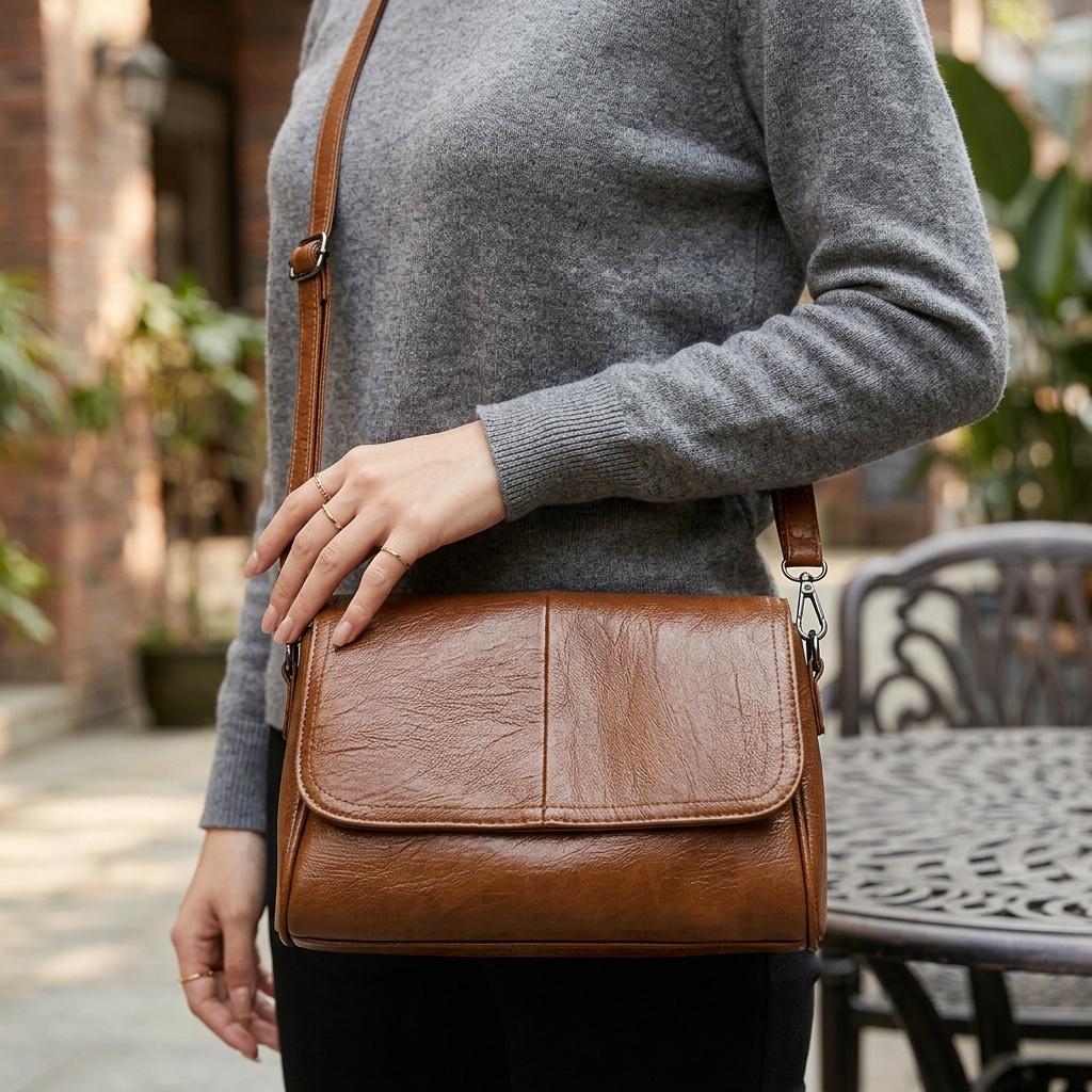 Retro-style solid color crossbody bag with adjustable shoulder strap, suitable for everyday wear and commuting. Large capacity, single shoulder