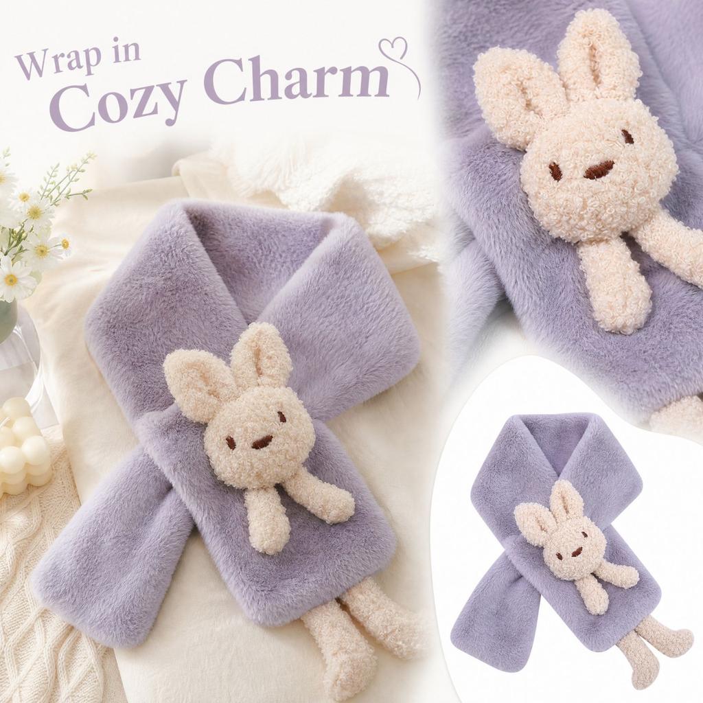 Kids' Winter Plush Neck Warmer Scarf with Bunny Design for Fall and Winter