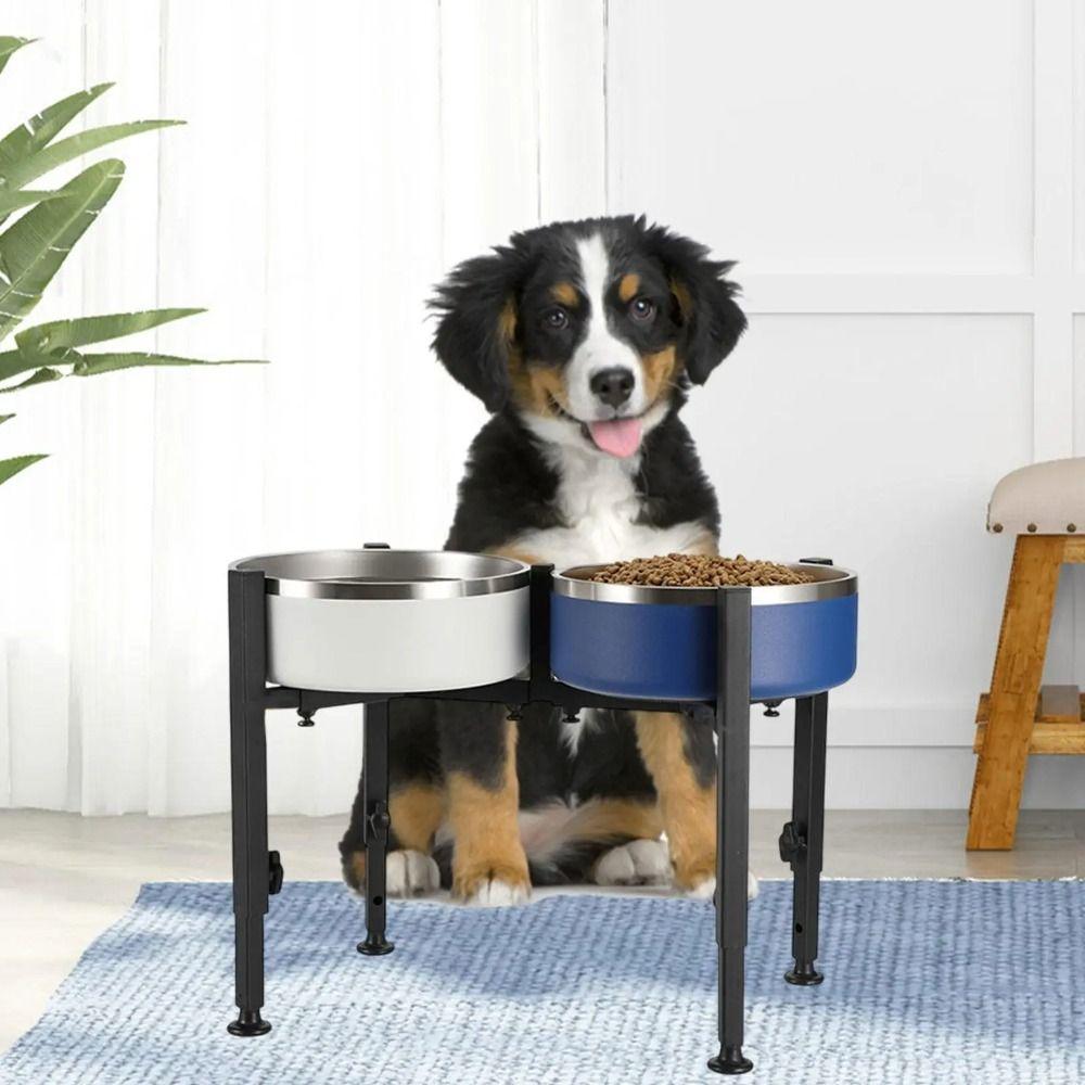 Wrought Iron Dog Bowl Stand Adjustable Width Single/Double Bowls Pet Feeder Rack Protect Cervical Spine Non-slip