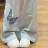 Women's Wide-Leg Raw-Edge Jeans with Butterfly Embroidery - Retro American Autumn Style
