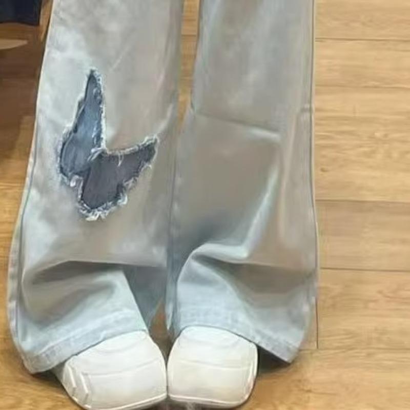 Women's Wide-Leg Raw-Edge Jeans with Butterfly Embroidery - Retro American Autumn Style