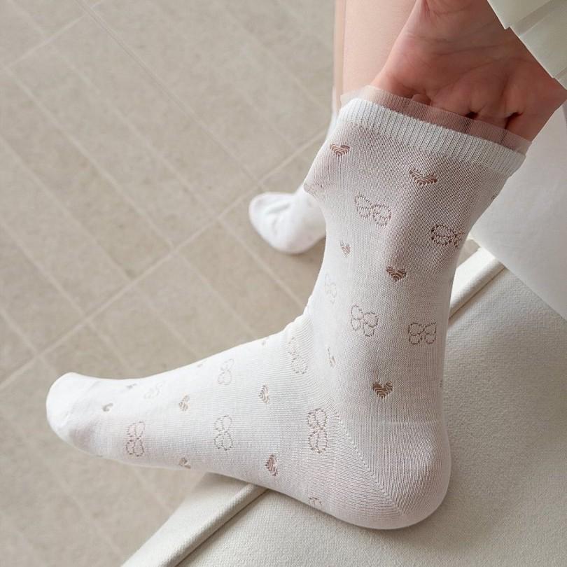 Women's Ballet-Style Mid-Calf Socks, Thin Hollow Mesh, Slouchy Korean JK Style, White Summer Socks