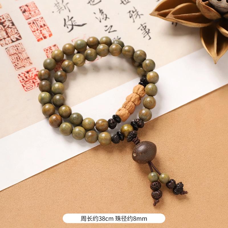 Multi-circle green sandalwood bracelet, men's and women's cultural play plate play bracelet, agate wooden Buddha beads stacked with accessories