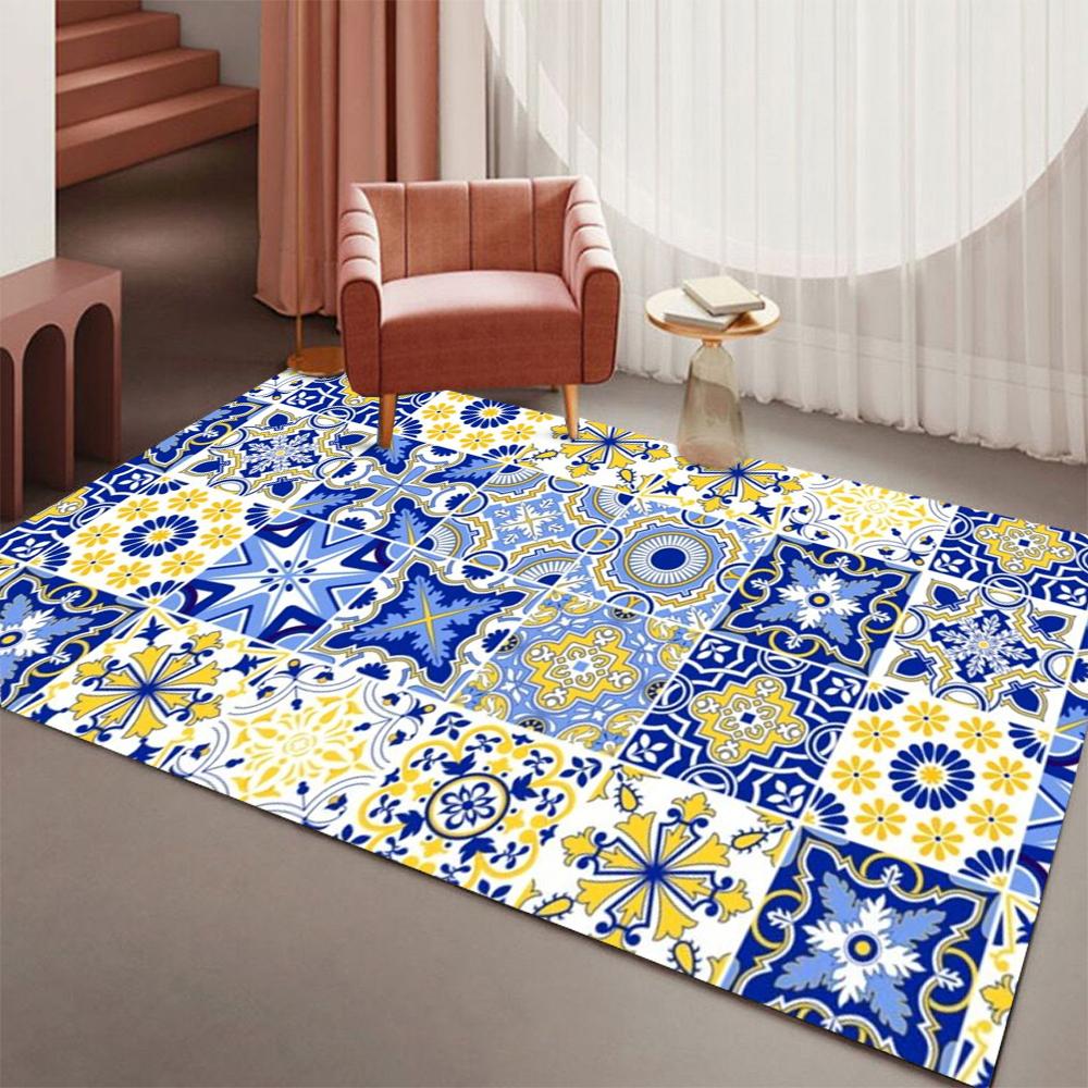 Classical Floral Area Rug Navy Blue Bohomian Patchwork  Rugs for Living Room Dining Room Bedroom Non Slip Stain Resistant Carpet