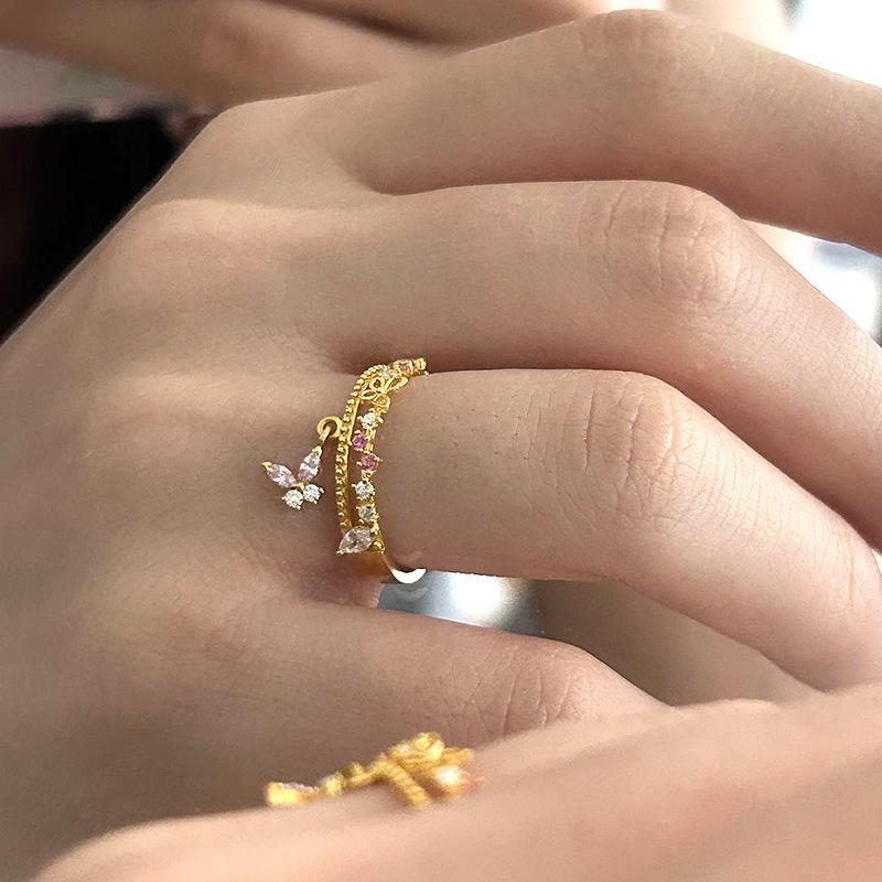 Fresh Diamond Studded Pink Butterfly Rings for Women Gentle Romantic High Quality Cute Tassel Ring Starlight Jewelry Gift