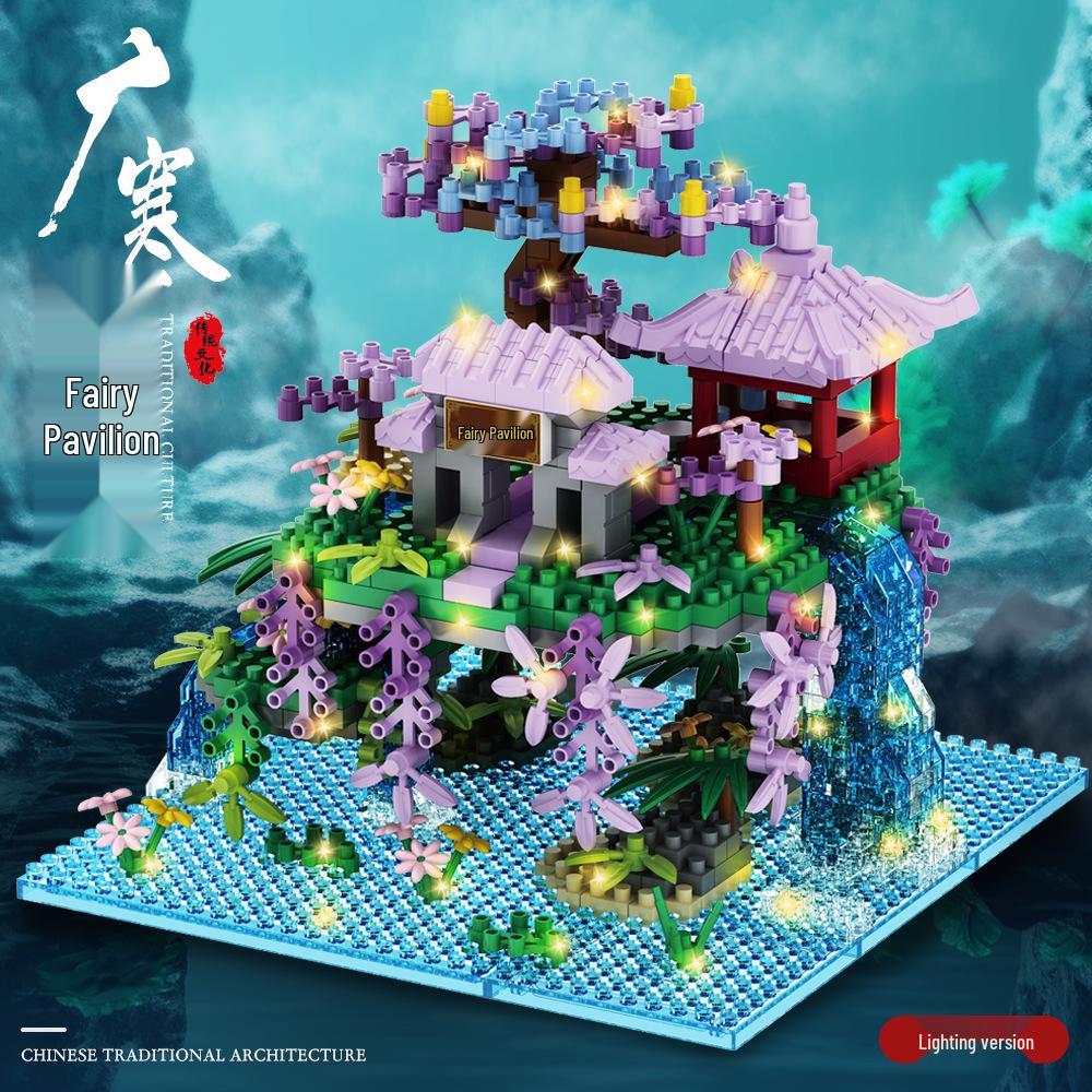 Fairy Pavilion Cherry Blossom Treehouse with Peach Blossom Pond - Creative Ancient Style Building Block Ornament, Handmade Assembly Scene.