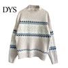 Loose Knitted Pullover Winter Women Christmas Sweater Half-high Collar Color Matching Snowflake Pattern Geometric Print Long Sleeve Knitwear