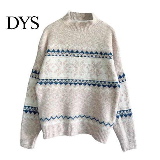 Loose Knitted Pullover Winter Women Christmas Sweater Half-high Collar Color Matching Snowflake Pattern Geometric Print Long Sleeve Knitwear