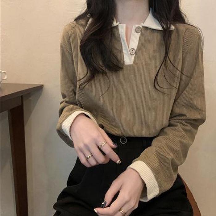 

Весенне-осенние повседневные женские футболки, корейские милые топы, женские с длинным рукавом, с отложным воротником, базовые пуловеры, футболки XS хаки