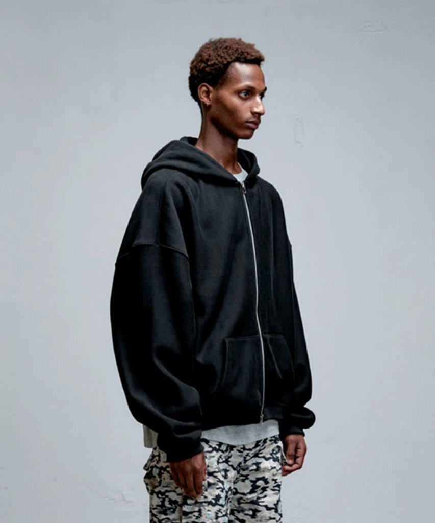 Erer Men Oversized Sweat Hoodie Zip-Up Black