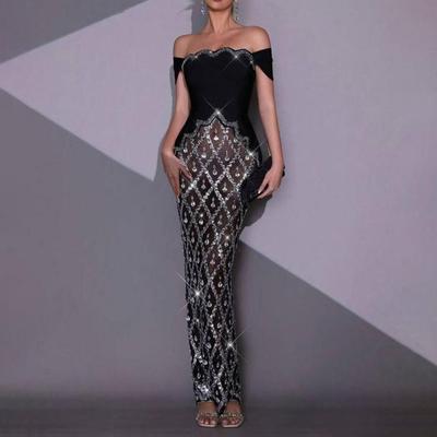 Luxuriöses Strass-Pailletten-Abendkleid mit tiefem Ausschnitt und Bandage für Damen