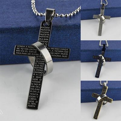 Men Stainless Steel Prayer Cross Ring Pendant Ball Chain Punk Necklace Jewelry