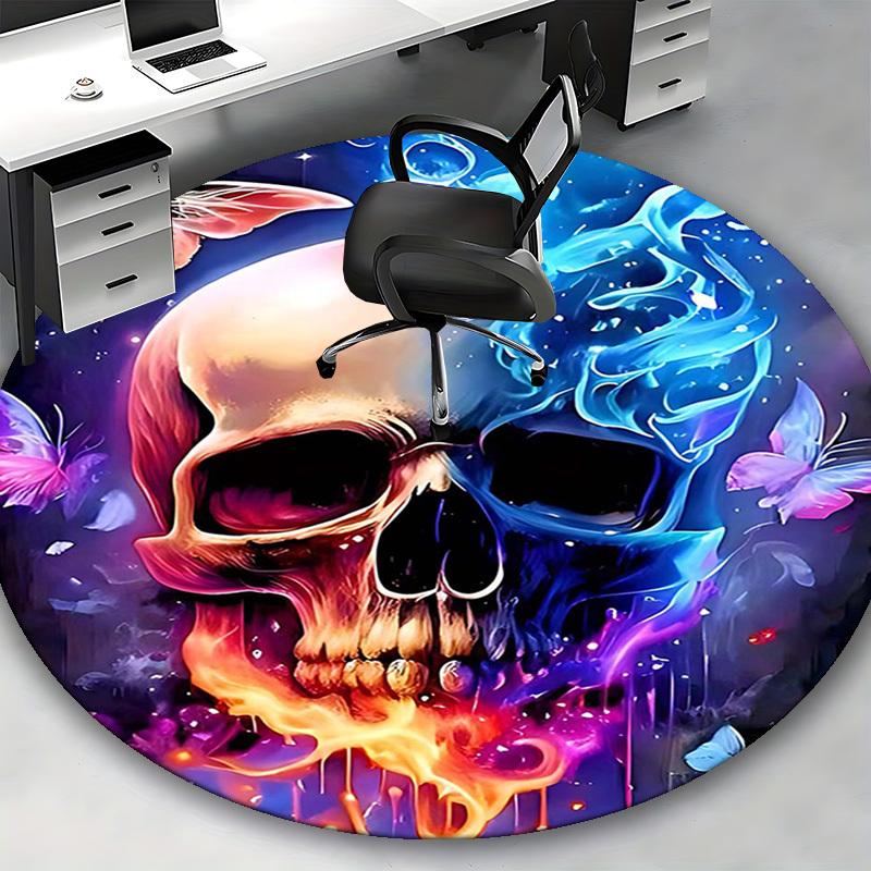 1pc Colorful Skull with Butterflies Round Carpet Anime Design Office Chair Mat, Non Slip Rug for Home Decor, Festival Gift, Office, Living, Bedroom