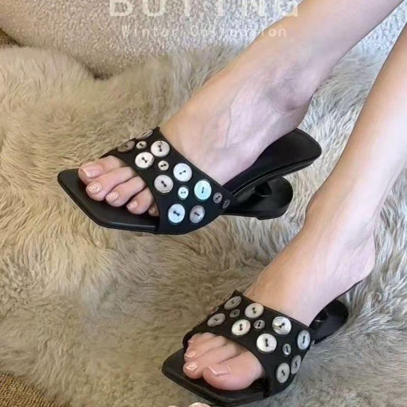 Black Button High-heeled Open Toed Sandals for Women, Summer Style French Retro Wedge Heel Sandals for Women 35