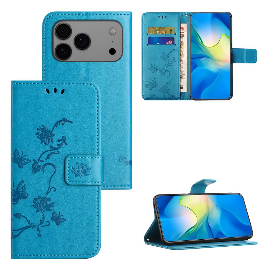 For iPhone 17 Pro Max Case Wallet Stand Imprinted Butterfly Flower PU Leather Phone Cover