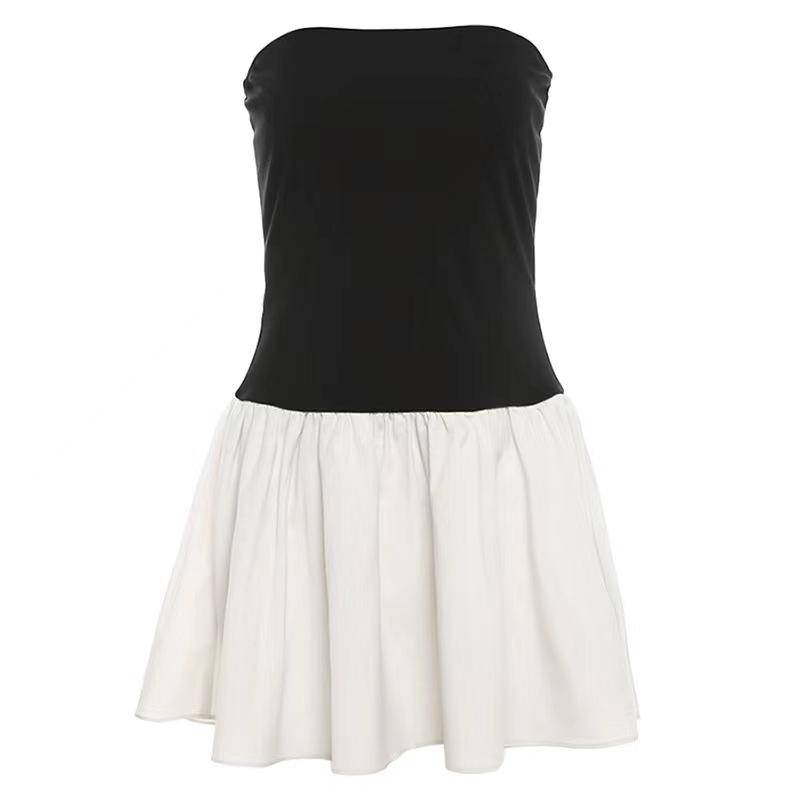 Summer Slim Fit Off Shoulder Chest Wrapping Mini Dress Women Fashion Black Patchwork Sexy Clothing Female Aesthetic Y2k Sleeveless A Word Dresses Girl