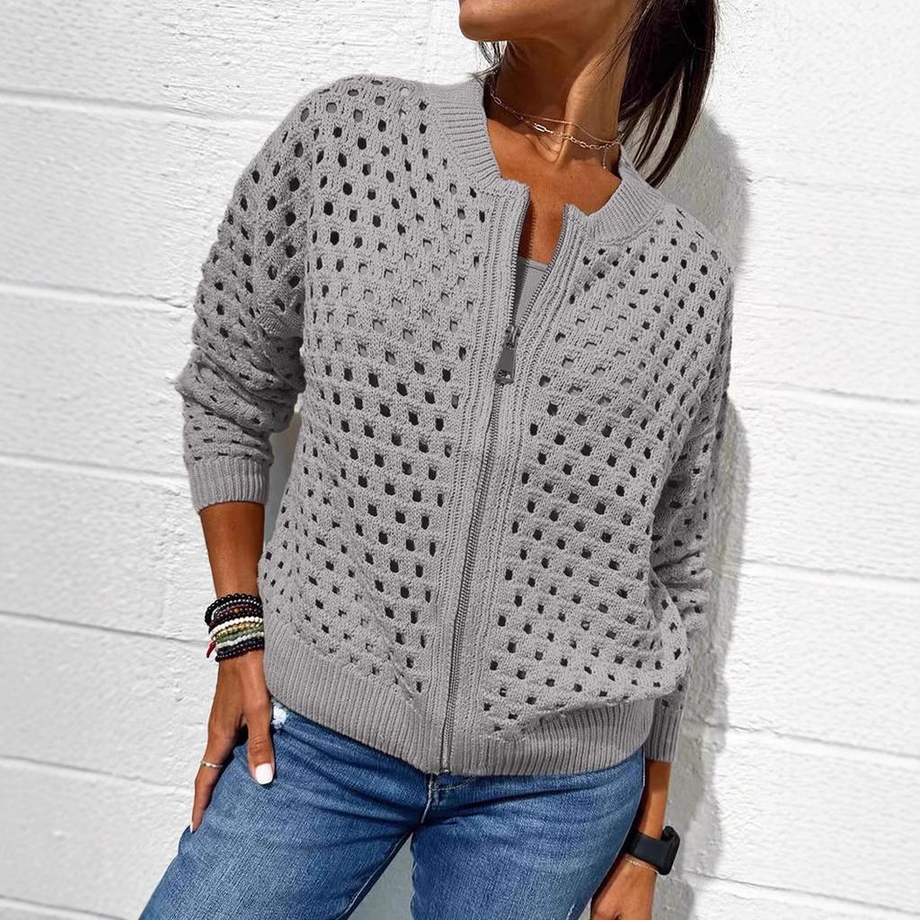 Women's Black Mesh Knit Cardigan with Zipper and Lace-Up Sleeve Detailing