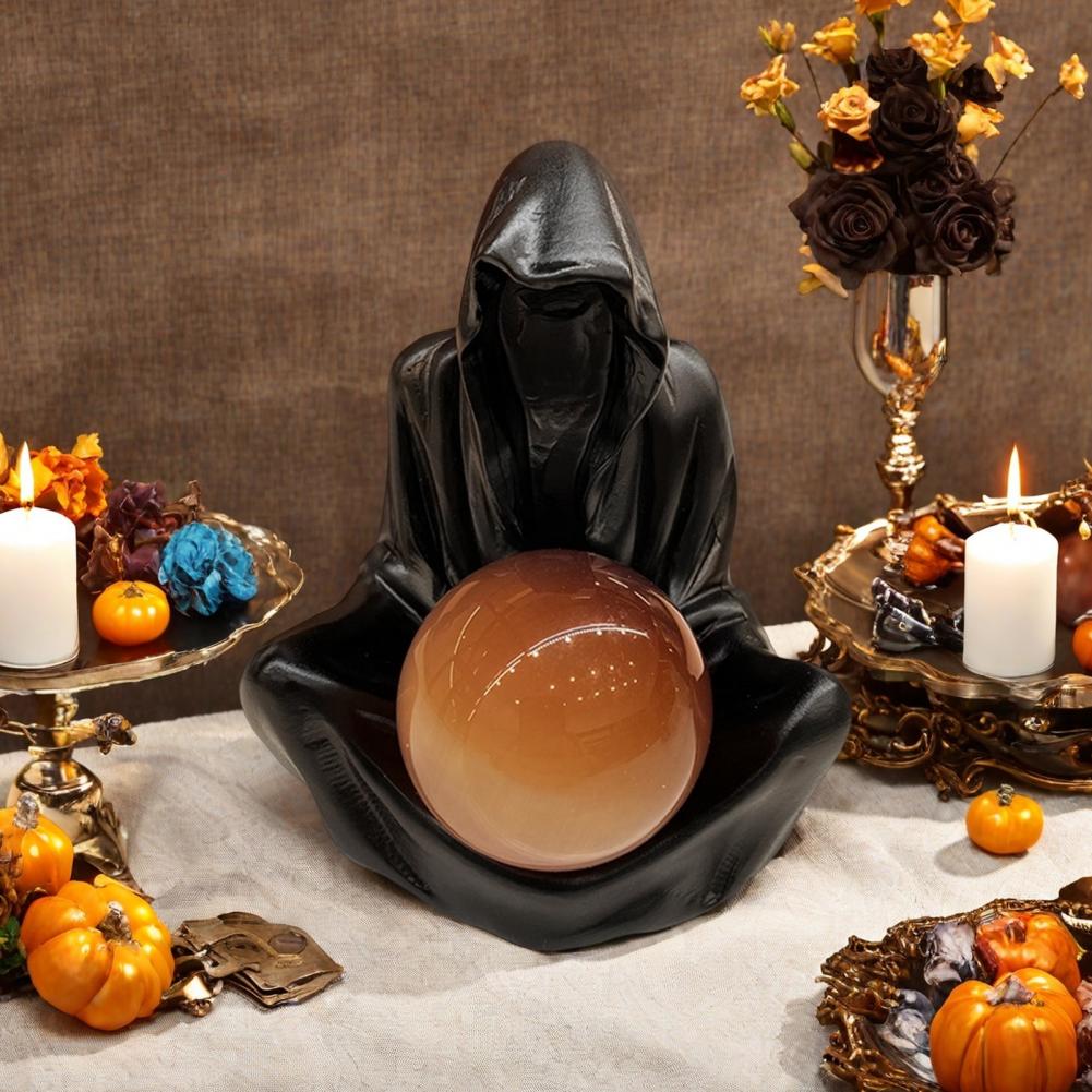 Dark Fantasy Decor Ball Stand Grim Reaper Statue Robe Sculpture for Halloween Home Decor Mysterious Figurine for Bookshelf