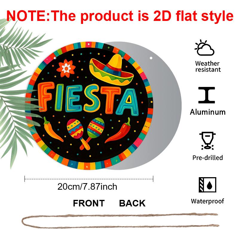 2D Flat, 1pc Round Fiesta Aluminum Hanging Sign, Colorful Mexican Sombrero Maraca Chili Pepper Design, Vibrant Cinco De Mayo Metal Wall Decor