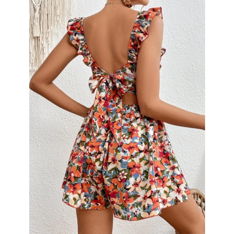 Sommer Ärmelloses Blumenmuster Damen Jumpsuit Quadratkragen Lose Party Sexy Rückenfreier Bodysuit Mode Elegante Casual Lose Rüschen Kleidung