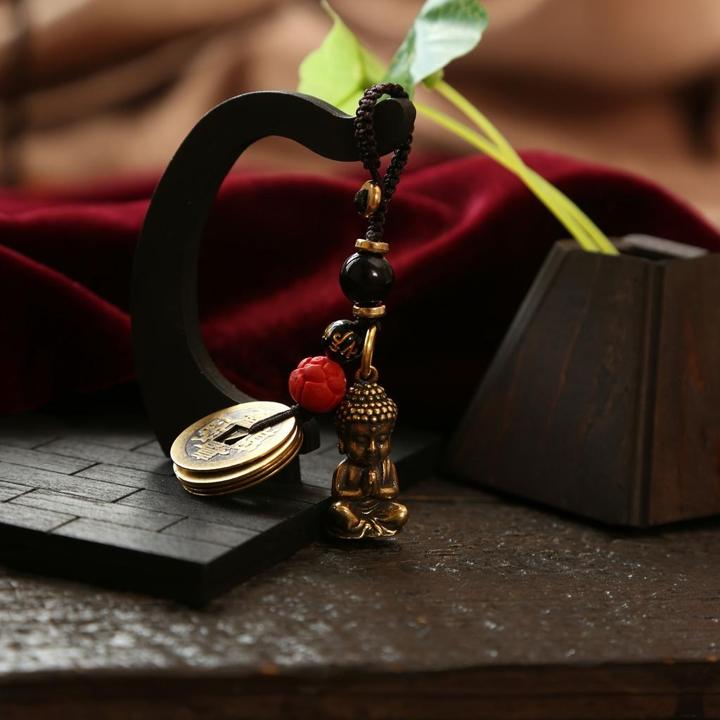 Vintage Bronze Copper Alloy Keychain with Buddha Pendants, Unplated Precious Metal Charm, Non-Textile Weaving, Car Keyring for Men and Women