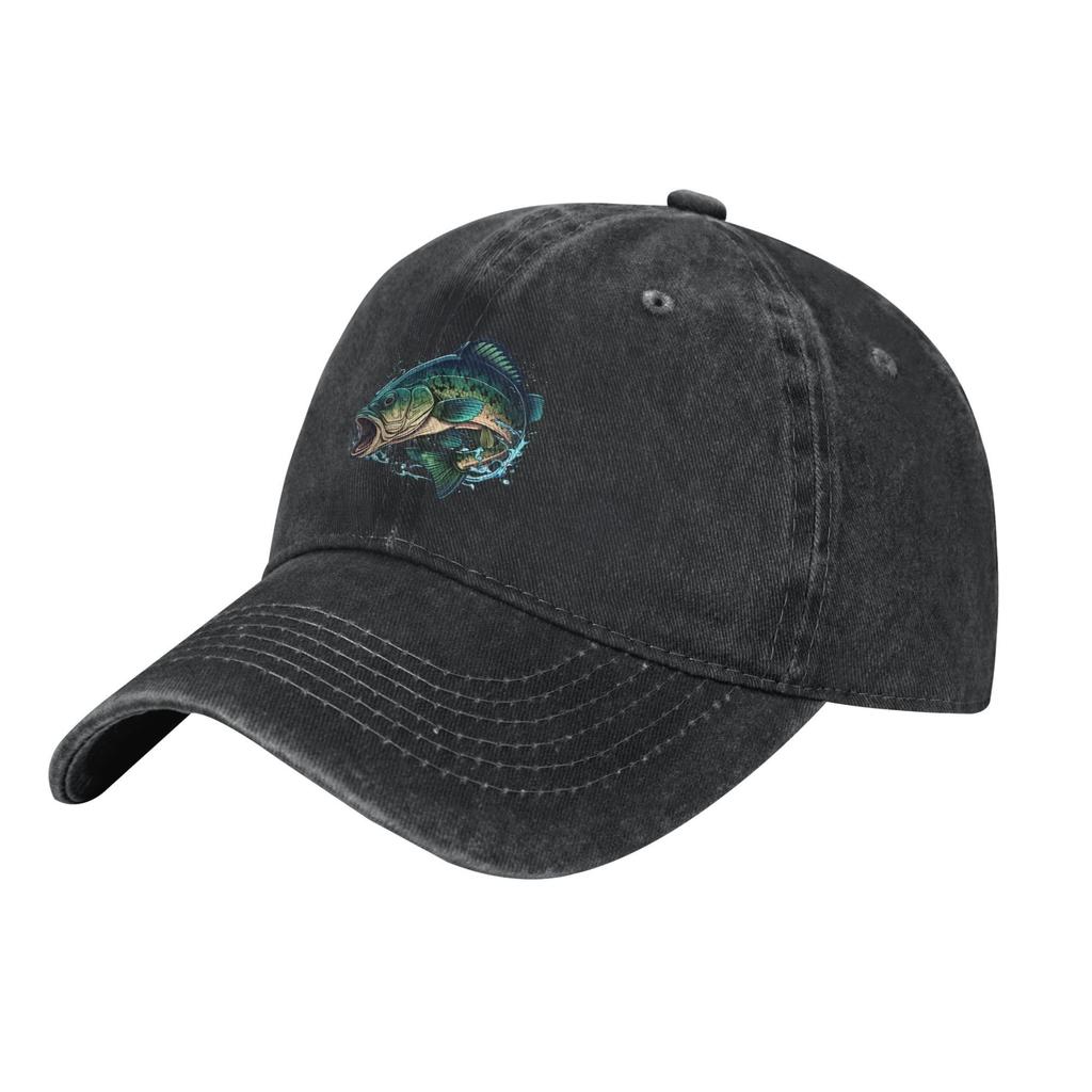 Bass Fish Fishing Cap Embroidered Graphic Denim Baseball Cap Adjustable Outdoor Sun Hat for Unisex Women