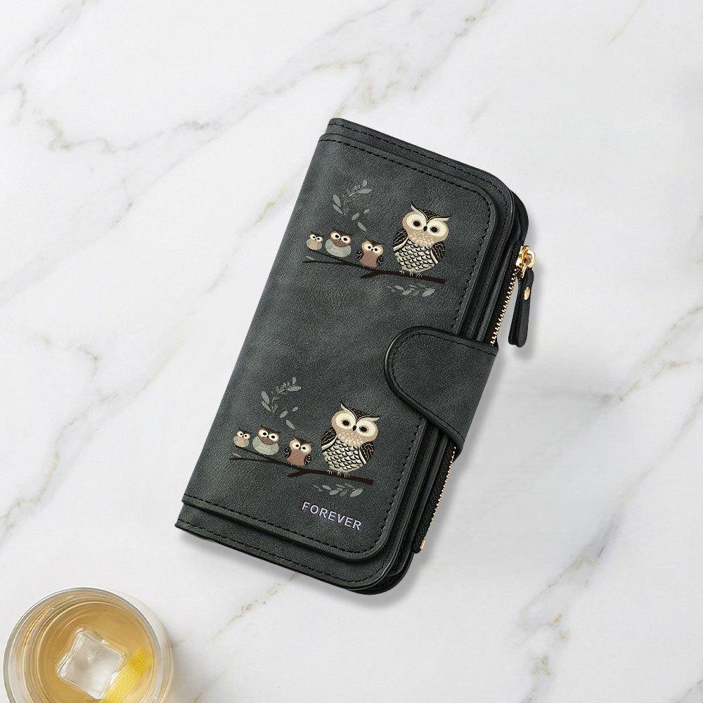 Fashionable Long Wallet with Cartoon Owl Family Illustration Print Design, Eye-catching Multifunctional Portable Coin Purse with Clasp, Large