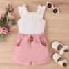 Toddler Girls Summer Outfit Sets White Sleeveless Ruffle Ribbed Tops + Solid Color Shorts