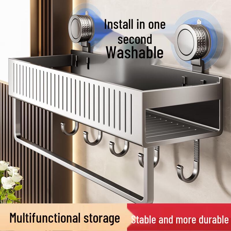 No-Drill Suction Cup Bathroom Shelf with Hooks
