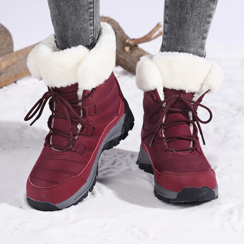 Women Winter Snow Boots Plush Lace Up Mid Calf Boots Thick Sole Warm Cotton Shoes Outdoor Hiking Sneakers Non Slip