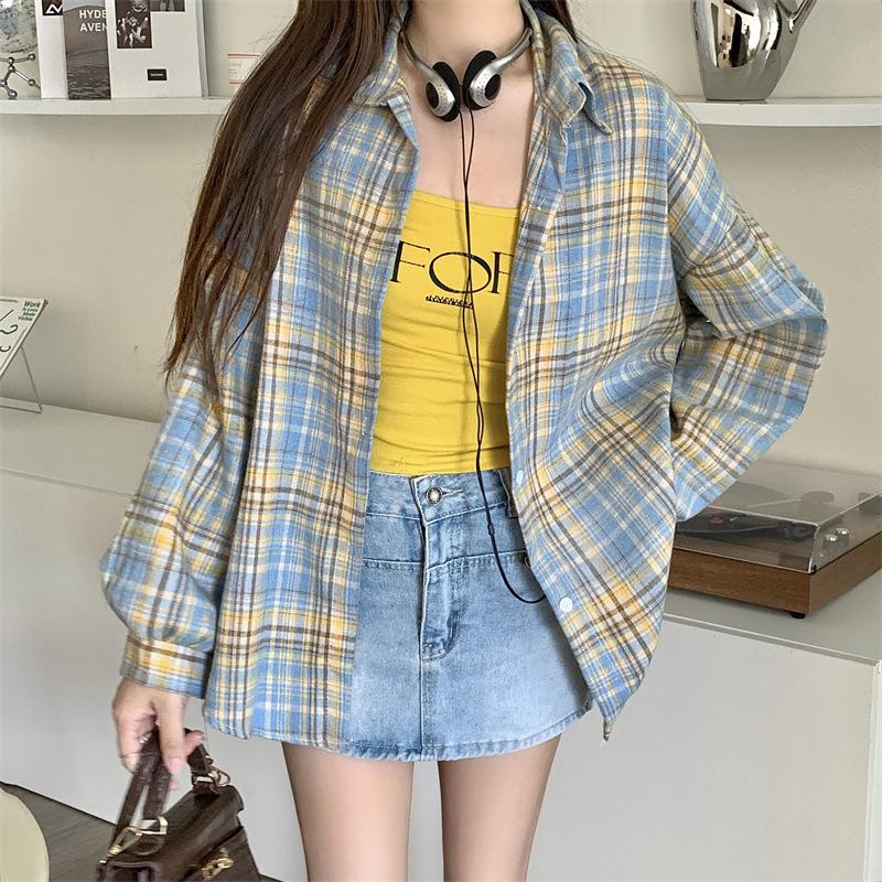 Dames Retro Geruit Overhemd Lange Mouw Met Kraag Knoopsluiting Oversized Geruit Overhemdjas Tiener Meisje Lente Zomer Outfit