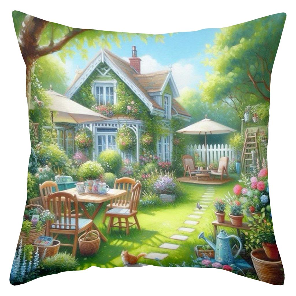 Enchanting Garden Scene Printed Cushion Covers Decor Accents Polyester Pillowcase, Sofa Decorative Cushion Cov Headboard Pillow