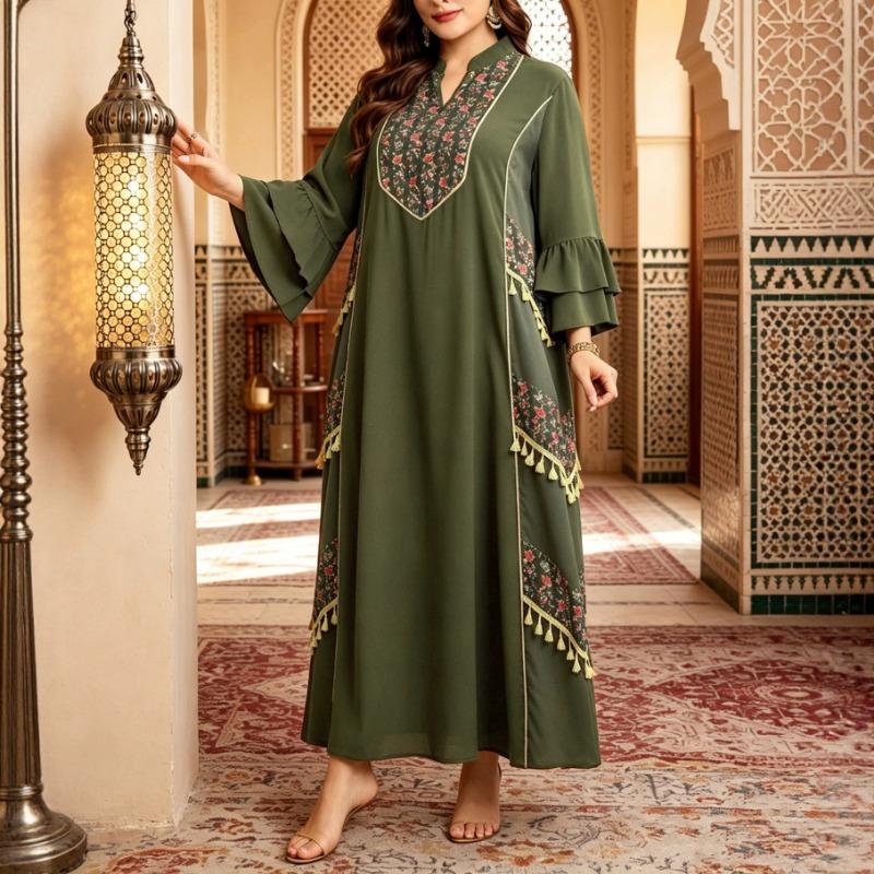Women Plus Size Printed Ethnic Tassel Bell Sleeve Loose Olive Green Long Dress