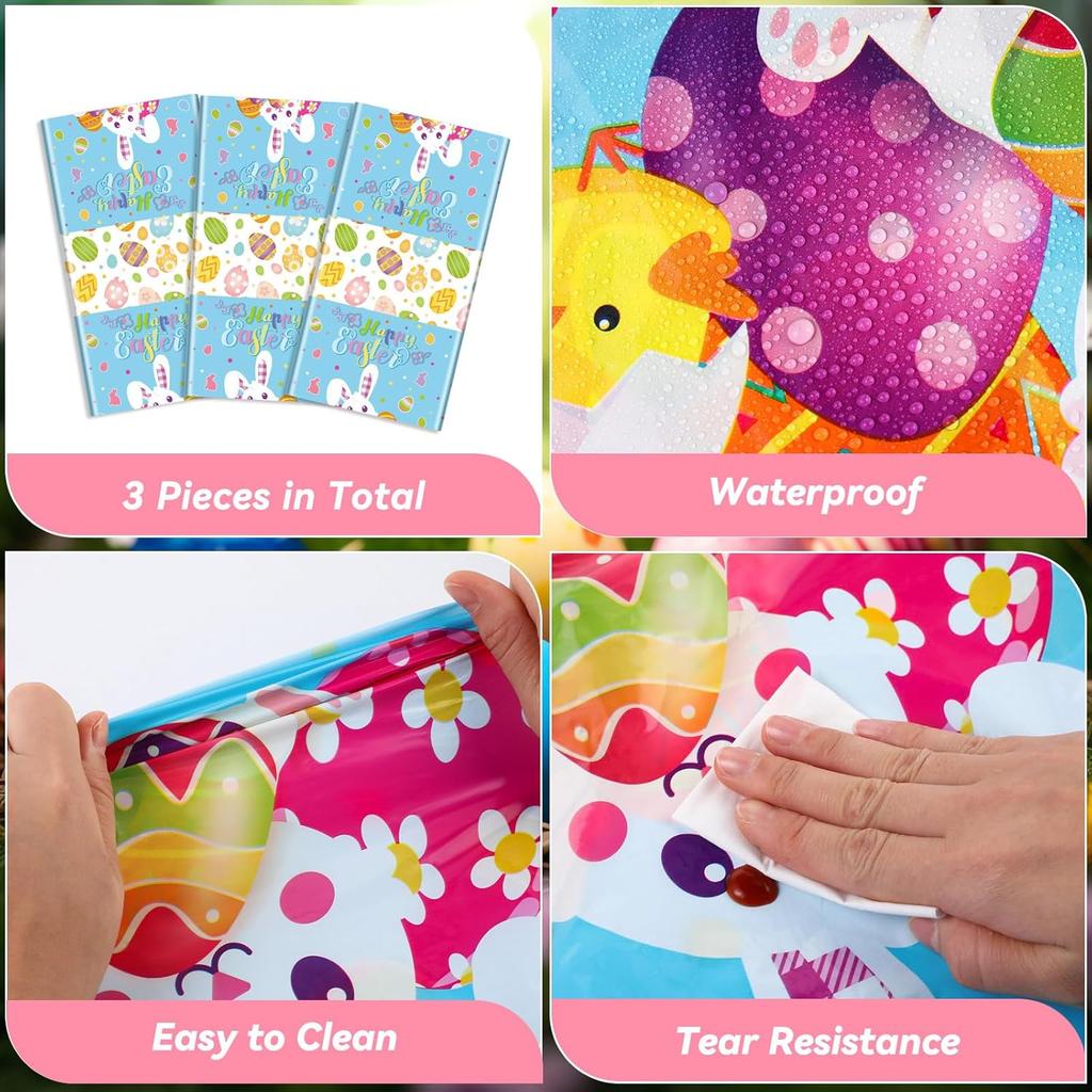 VitalCozy 3 Pcs Easter Tablecloth 54 x 108 Inch Spring Easter Table Cover Disposable Plastic Tablecloths Rectangle Table Cloth for Indoor Outdoor